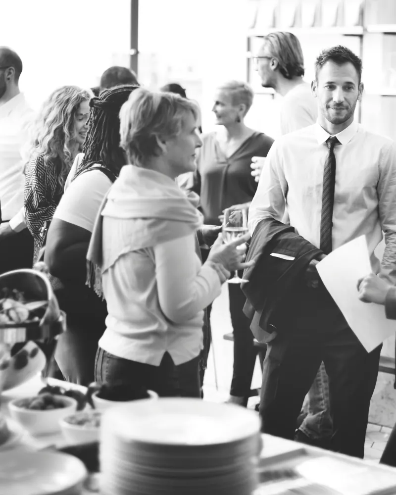 A busy gathering, in black and white