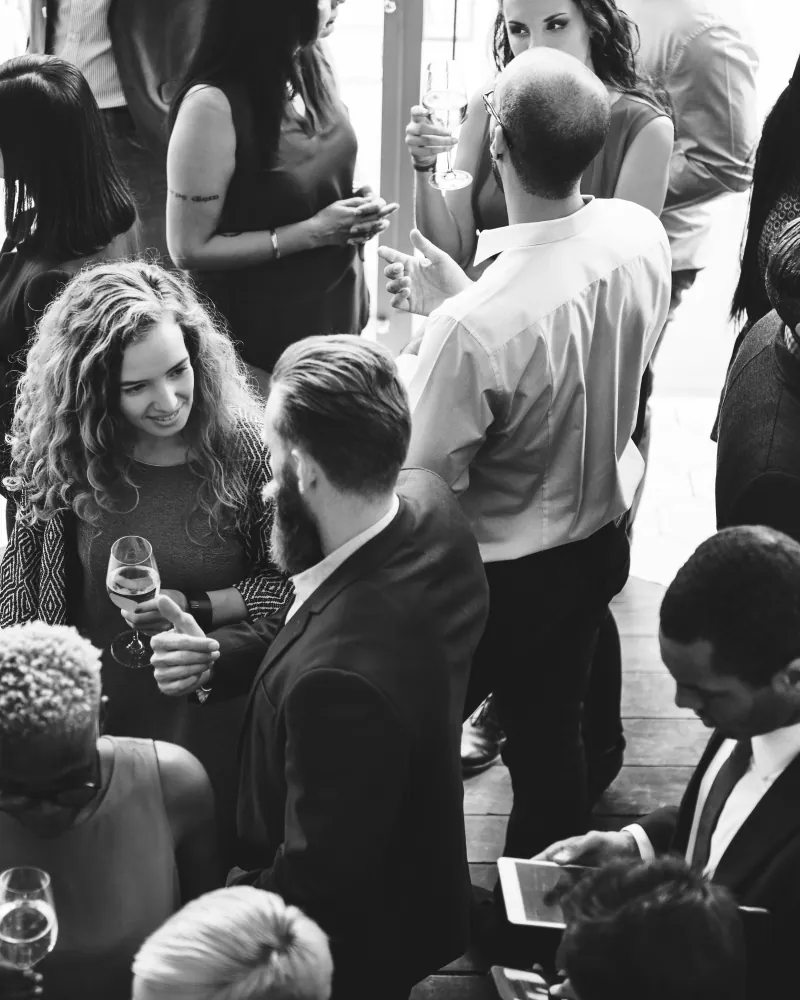 Guests connecting, in black and white