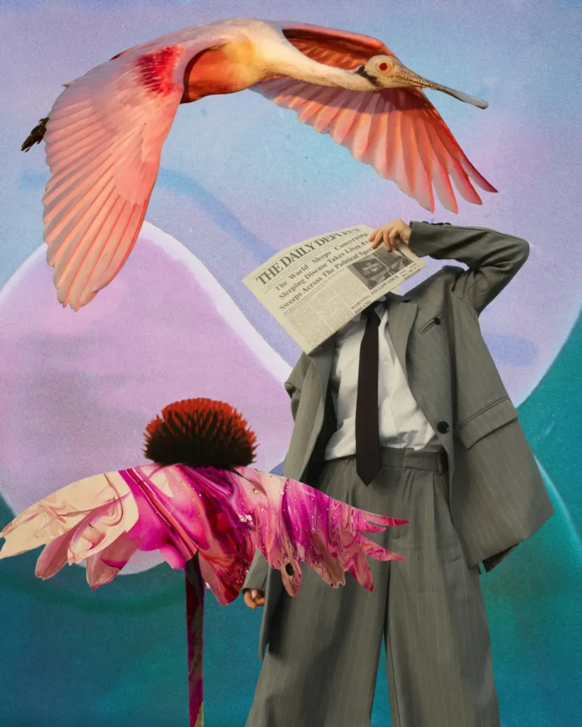 A surreal collage: a figure in a tailored suit topped with a folded newspaper, a roseate spoonbill in flight and pink coneflowers against pastel hills.